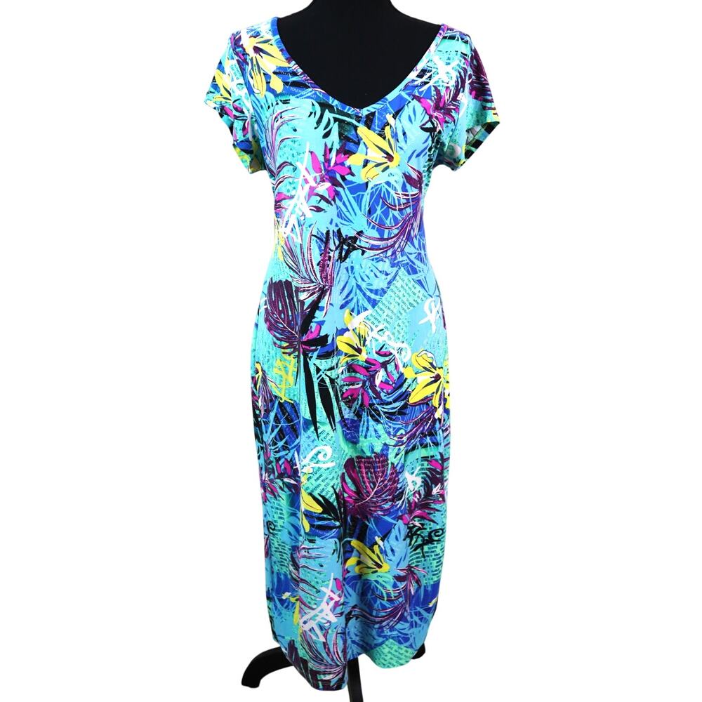 Vintage Y2K Turquoise Blue Multicolor Tropical Dress Bodycon Midi Long Plus 1X
